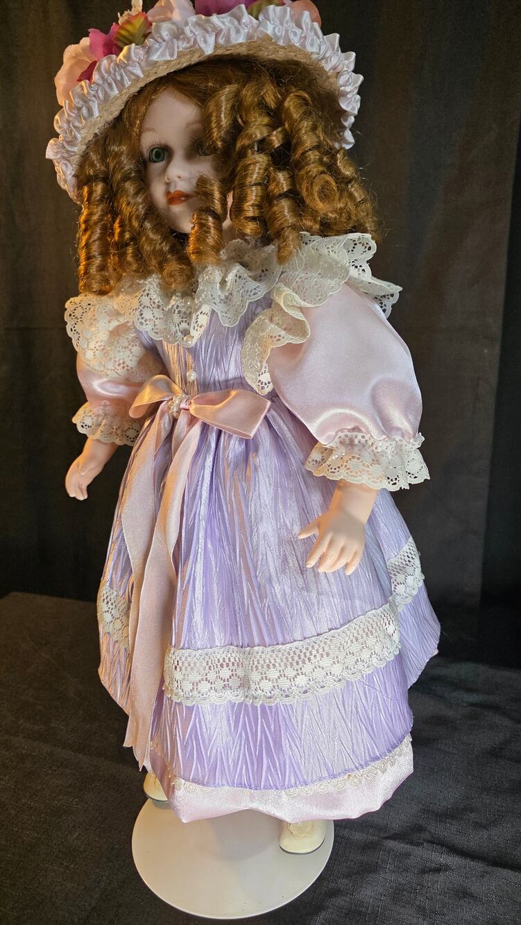 Mann Porcelain Doll in Lavender Dress with Floral Hat & Stand